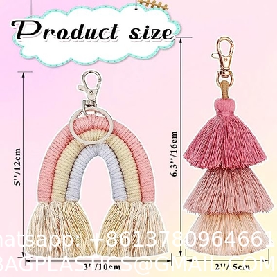 Rainbow Keychain Macrame Weaving Rainbow Tassel Keychains Car Keyring Holder Jewelry for Bag Wallet Purse Women