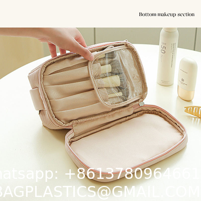 Custom Wholesale Double Layer PU Luxury High-End Travel Makeup Case Organizer Cosmetic Bags For Women