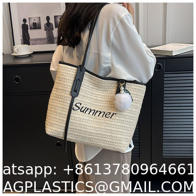 Raffia Crocheted Tote Shopping Bag Handmade Straw Bag Shoulder Beach Woven Handbag Summer Fashion Lady'S Casual Handbags Women'S Straw Shoulder Bags Rattan Woven Top Handle Raffia Crochet Beach