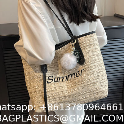 Raffia Crocheted Tote Shopping Bag Handmade Straw Bag Shoulder Beach Woven Handbag Summer Fashion Lady'S Casual Handbags Women'S Straw Shoulder Bags Rattan Woven Top Handle Raffia Crochet Beach