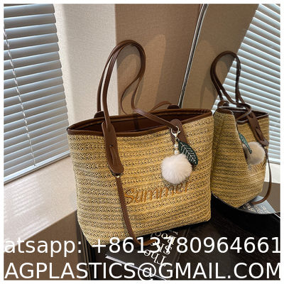 Raffia Crocheted Tote Shopping Bag Handmade Straw Bag Shoulder Beach Woven Handbag Summer Fashion Lady'S Casual Handbags Women'S Straw Shoulder Bags Rattan Woven Top Handle Raffia Crochet Beach