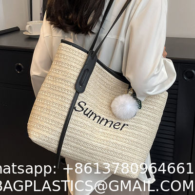 Raffia Crocheted Tote Shopping Bag Handmade Straw Bag Shoulder Beach Woven Handbag Summer Fashion Lady'S Casual Handbags Women'S Straw Shoulder Bags Rattan Woven Top Handle Raffia Crochet Beach