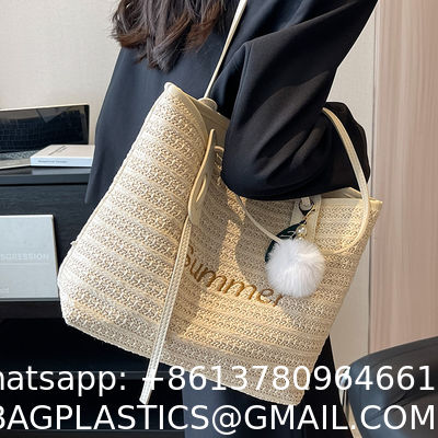 Raffia Crocheted Tote Shopping Bag Handmade Straw Bag Shoulder Beach Woven Handbag Summer Fashion Lady'S Casual Handbags Women'S Straw Shoulder Bags Rattan Woven Top Handle Raffia Crochet Beach
