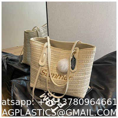 Raffia Crocheted Tote Shopping Bag Handmade Straw Bag Shoulder Beach Woven Handbag Summer Fashion Lady'S Casual Handbags Women'S Straw Shoulder Bags Rattan Woven Top Handle Raffia Crochet Beach