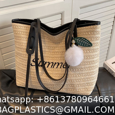 Raffia Crocheted Tote Shopping Bag Handmade Straw Bag Shoulder Beach Woven Handbag Summer Fashion Lady'S Casual Handbags Women'S Straw Shoulder Bags Rattan Woven Top Handle Raffia Crochet Beach