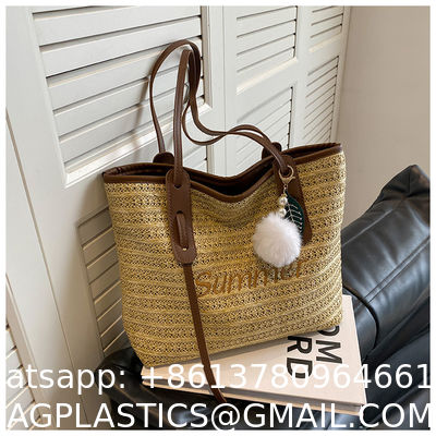 Raffia Crocheted Tote Shopping Bag Handmade Straw Bag Shoulder Beach Woven Handbag Summer Fashion Lady'S Casual Handbags Women'S Straw Shoulder Bags Rattan Woven Top Handle Raffia Crochet Beach