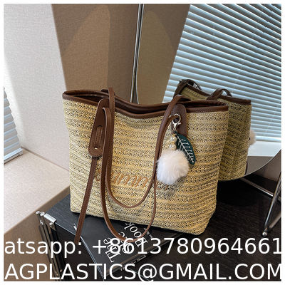 Raffia Crocheted Tote Shopping Bag Handmade Straw Bag Shoulder Beach Woven Handbag Summer Fashion Lady'S Casual Handbags Women'S Straw Shoulder Bags Rattan Woven Top Handle Raffia Crochet Beach