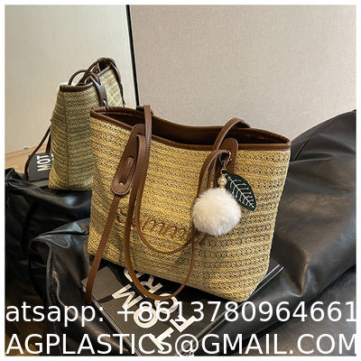 Raffia Crocheted Tote Shopping Bag Handmade Straw Bag Shoulder Beach Woven Handbag Summer Fashion Lady'S Casual Handbags Women'S Straw Shoulder Bags Rattan Woven Top Handle Raffia Crochet Beach
