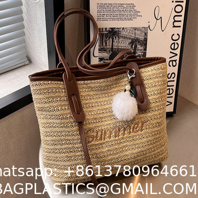 Raffia Crocheted Tote Shopping Bag Handmade Straw Bag Shoulder Beach Woven Handbag Summer Fashion Lady'S Casual Handbags Women'S Straw Shoulder Bags Rattan Woven Top Handle Raffia Crochet Beach