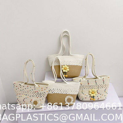 Custom Fashion Ladies Crochet Beach Bag Woman Summer Beach Tote Raffia Straw Bag Handmade Crocheted Rough Raffia Braid Round Straw Raffia Tote Bag With Raffia Straps With Coton Lining Straw Bag