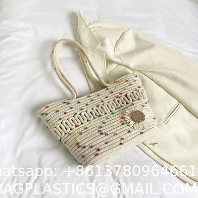 Custom Fashion Ladies Crochet Beach Bag Woman Summer Beach Tote Raffia Straw Bag Handmade Crocheted Rough Raffia Braid Round Straw Raffia Tote Bag With Raffia Straps With Coton Lining Straw Bag