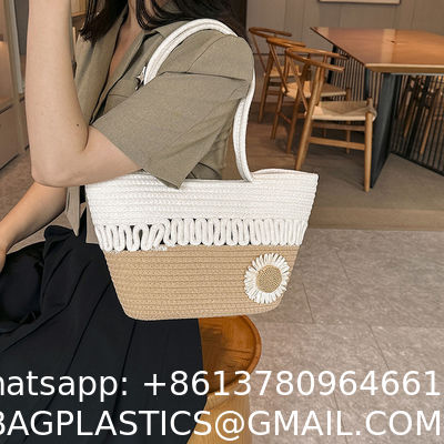 Custom Fashion Ladies Crochet Beach Bag Woman Summer Beach Tote Raffia Straw Bag Handmade Crocheted Rough Raffia Braid Round Straw Raffia Tote Bag With Raffia Straps With Coton Lining Straw Bag