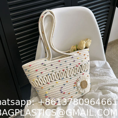 Custom Fashion Ladies Crochet Beach Bag Woman Summer Beach Tote Raffia Straw Bag Handmade Crocheted Rough Raffia Braid Round Straw Raffia Tote Bag With Raffia Straps With Coton Lining Straw Bag
