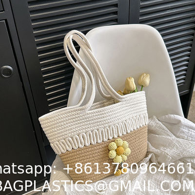 Custom Fashion Ladies Crochet Beach Bag Woman Summer Beach Tote Raffia Straw Bag Handmade Crocheted Rough Raffia Braid Round Straw Raffia Tote Bag With Raffia Straps With Coton Lining Straw Bag
