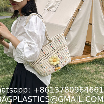 Custom Fashion Ladies Crochet Beach Bag Woman Summer Beach Tote Raffia Straw Bag Handmade Crocheted Rough Raffia Braid Round Straw Raffia Tote Bag With Raffia Straps With Coton Lining Straw Bag