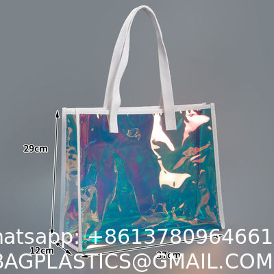 sustainable recyclable Holographic Clear Tote Bag With Leather Handle Iridescent Bachelorette Beach Bag For Work Stadium Travel
