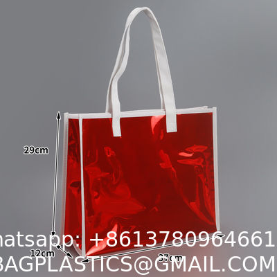 sustainable recyclable Holographic Clear Tote Bag With Leather Handle Iridescent Bachelorette Beach Bag For Work Stadium Travel