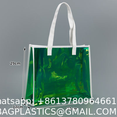 sustainable recyclable Holographic Clear Tote Bag With Leather Handle Iridescent Bachelorette Beach Bag For Work Stadium Travel