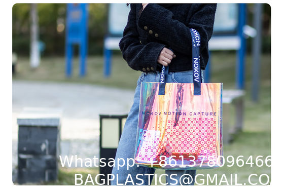 hologram holographic shiny fashion sustainable Waterproof Beach Bags Women Clear Iridescent Tote Bag Cosmetic Pouch For Phone Travel Beach Pool Essentials