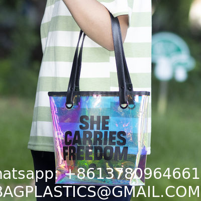 Custom Digital Printing Trendy Transparent PVC Shoulder Handbag Durable Washable Holographic Women'S Tote Shopping Bag