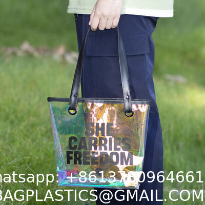 Custom Digital Printing Trendy Transparent PVC Shoulder Handbag Durable Washable Holographic Women'S Tote Shopping Bag