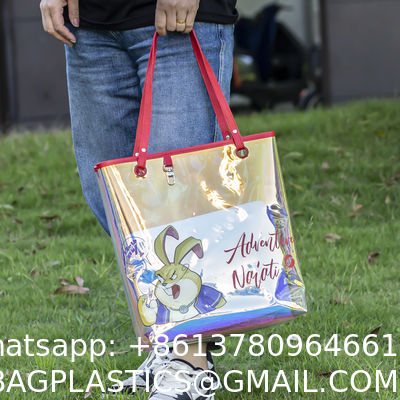 Custom Digital Printing Trendy Transparent PVC Shoulder Handbag Durable Washable Holographic Women'S Tote Shopping Bag