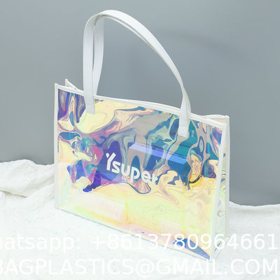 Wholesale Custom Rainbow Color Laser Shopping Bag Holographic Iridescent Jelly Clear PVC Tote Bag Popular Fashion Beach Accept Shiny Reusable Hologram Clear Laser Transparent Pvc Tote Bag