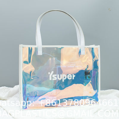 Wholesale Custom Rainbow Color Laser Shopping Bag Holographic Iridescent Jelly Clear PVC Tote Bag Popular Fashion Beach Accept Shiny Reusable Hologram Clear Laser Transparent Pvc Tote Bag