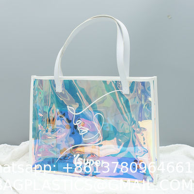Wholesale Custom Rainbow Color Laser Shopping Bag Holographic Iridescent Jelly Clear PVC Tote Bag Popular Fashion Beach Accept Shiny Reusable Hologram Clear Laser Transparent Pvc Tote Bag