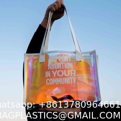 Wholesale Custom Rainbow Color Laser Shopping Bag Holographic Iridescent Jelly Clear PVC Tote Bag Popular Fashion Beach Accept Shiny Reusable Hologram Clear Laser Transparent Pvc Tote Bag