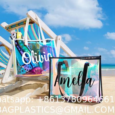Wholesale Custom Rainbow Color Laser Shopping Bag Holographic Iridescent Jelly Clear PVC Tote Bag Popular Fashion Beach Accept Shiny Reusable Hologram Clear Laser Transparent Pvc Tote Bag