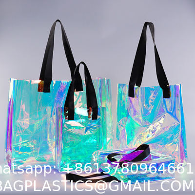 Hot Sale Gift Custom Color Logo Foldable Transparent Waterproof Holographic Shopping Clear TotePvc Tote Waterproof Transparent Shoulder Jelly Custom Pvc Shopping Holographic Bag Clear Laser Handbag