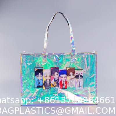 Beach Bag Waterproof Clear Jelly Candy Color Transparent PVC Tote Shopping Bag Custom Logo Pvc Clear Laser Gift Bag For Women Waterproof Transparent Holographic Packaging Summer Beach Pvc Tote