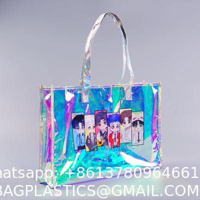 Beach Bag Waterproof Clear Jelly Candy Color Transparent PVC Tote Shopping Bag Custom Logo Pvc Clear Laser Gift Bag For Women Waterproof Transparent Holographic Packaging Summer Beach Pvc Tote