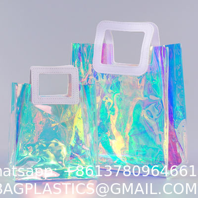 Beach Bag Waterproof Clear Jelly Candy Color Transparent PVC Tote Shopping Bag Custom Logo Pvc Clear Laser Gift Bag For Women Waterproof Transparent Holographic Packaging Summer Beach Pvc Tote