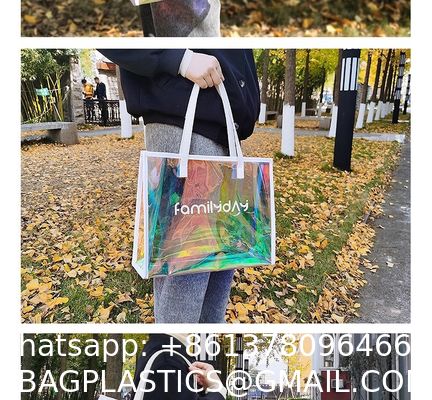 Vinyl beach totes handy bag, handle bag, should bag, Clear bag, Holographic Tote Bags, Iridescent Waterproof Top Handle Bag, Clear Jelly Totes Vocation Party Beach Bag
