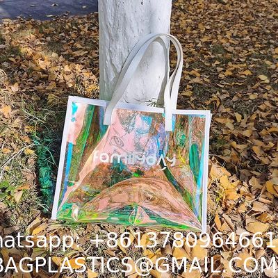 Vinyl beach totes handy bag, handle bag, should bag, Clear bag, Holographic Tote Bags, Iridescent Waterproof Top Handle Bag, Clear Jelly Totes Vocation Party Beach Bag