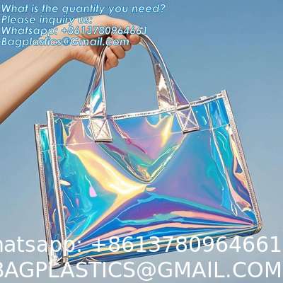 Vinyl Tote Bag Neon Jelly Shoulder Beach Bag Laser Shopping Summer Beach Women Pvc Shoulder Tote Bags Holographic Waterproof Jelly Transparent Handbag For Girl