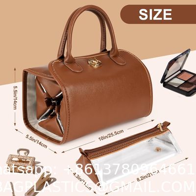 DuPont Travel Folding Storage Cosmetic Bag, pu lether Travel Makeup Organizer Bag, Foldable Toiletry Bag With Detachable Pouches, Large Capacity 4-In-1 Roll-Up Cosmetic Storage With Handle For Women