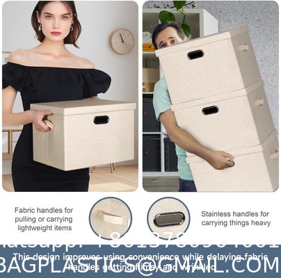 Linen Fabric, Metal Handles Collapsible Stackable Storage Bins With Lids, Packs White Linen Fabric Closet Boxes With Lids, Storage Cube Baskets Container Organizers For Bedroom Office