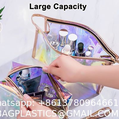 Holographic Makeup Bags Set, Clear Iridescent Cosmetic Bags, Portable Waterproof Toiletry Bag, Travel Zippered Makeup Organizer Cosmetic Pouch for Women, Mothers Day Gifts