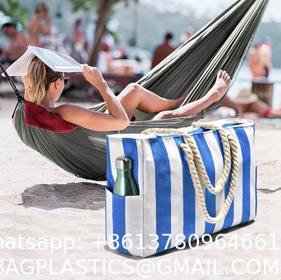 Cotton bag, Canvas bag, tote bags, Outdoor Blue And White Striped Storage Bag Absorbent Quick-Drying Portable Beach Bag Enlarged Travel Bag