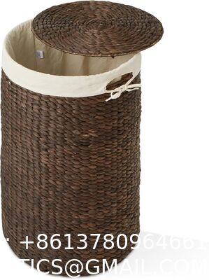 Round Laundry Hamper With Lid And Removable Liner Bag - Natural, Woven Water Hyacinth Wicker Laundry Basket For Clothes And Towels