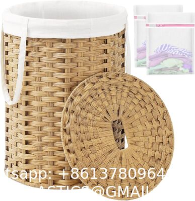 Round Laundry Hamper With Lid And Removable Liner Bag - Natural, Woven Water Hyacinth Wicker Laundry Basket For Clothes And Towels