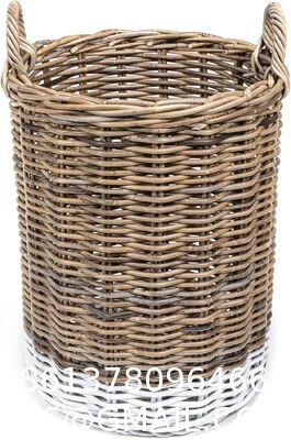 Rattan Kobo Round Storage Basket, Handwoven Rattan Basket With Handles, Organization & Home Decor For Storage, Gray-Brown