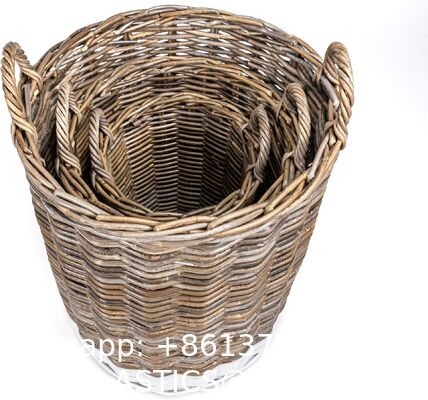Rattan Kobo Round Storage Basket, Handwoven Rattan Basket With Handles, Organization & Home Decor For Storage, Gray-Brown