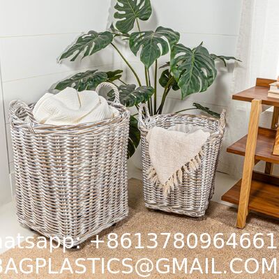 Rattan Kobo Round Storage Basket, Handwoven Rattan Basket With Handles, Organization & Home Decor For Storage, Gray-Brown