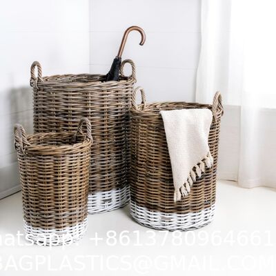 Hand-Woven Rattan Nesting Wicker Storage Baskets W/ Wheels And Handles, Seagrass Container For Decoration In Bedroom, Laundry Room,White Wash/Kubu Gray