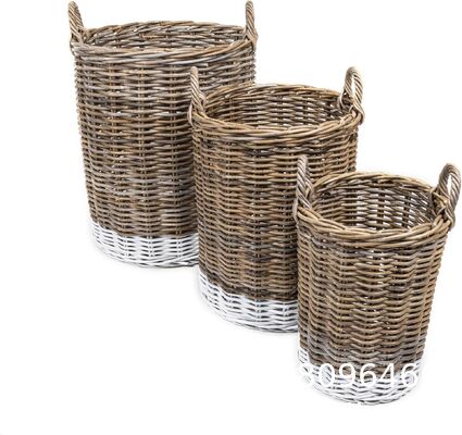 Hand-Woven Rattan Nesting Wicker Storage Baskets W/ Wheels And Handles, Seagrass Container For Decoration In Bedroom, Laundry Room,White Wash/Kubu Gray