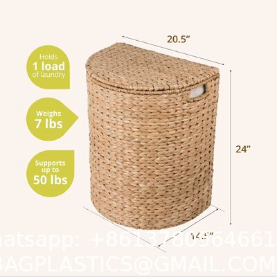 Wicker Waste Basket - Water Hyacinth Bathroom Garbage Can With A Lid - Bathroom Trash Can Boho Style - Wicker Trash Can With Lid For Household, Kitchen - Removable Liner, Iron Frame